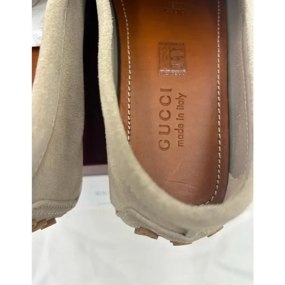 Men's Gucci suede oatmeal GG embossed driver loafers size 8 fits 8.5 US